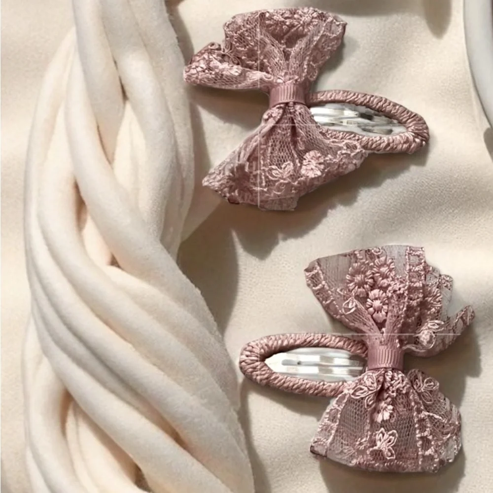 Dusty Rose Lace Bow Hair Clips - Set of 2 - Picture 2 of 12